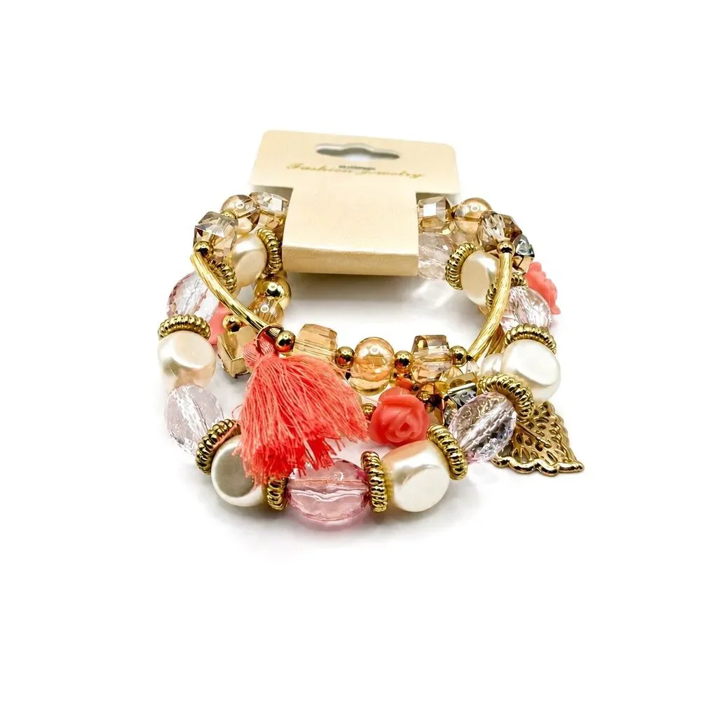 Pink Gold Boho Layered Bracelet Set Faux Pearl Floral Crystal Tassel NEW